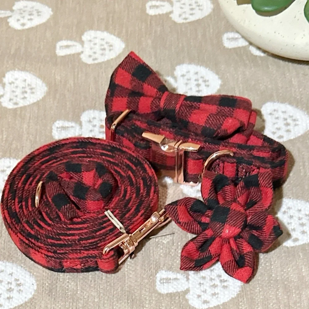 Buffalo Plaid Dog Collar Leash Set Medium Red Black 4 Piece NWT